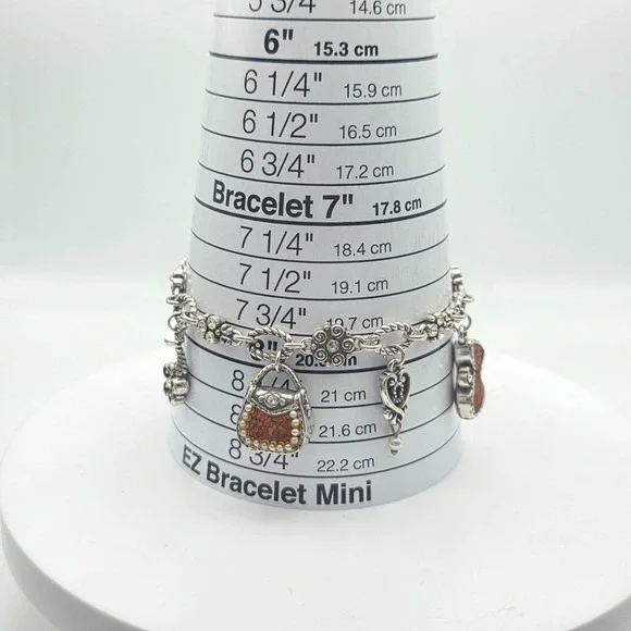 BRIGHTON Victoriana Charm Bracelet Floral Heels Purse Fan Resin Sliver Plate 8" - Picture 6 of 7